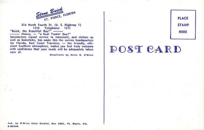 Fort Pierce FL Stone Buick Dealership Postcard