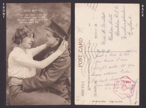 GREAT BRITAIN 1916, Censored postcard, The soldier with a girl, WWI