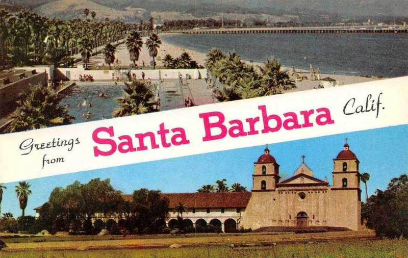 Mission, Beach SANTA BARBARA, CA Large Letter Greetings c1960s Vintage Postcard