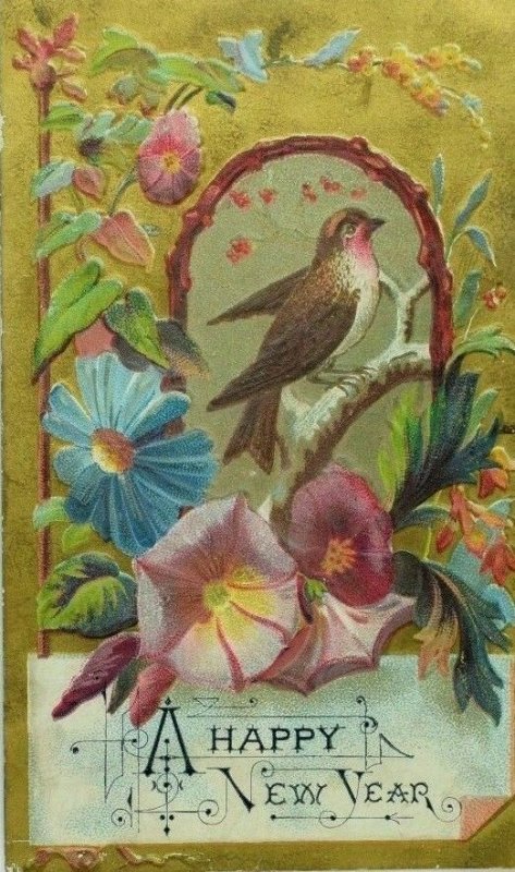 Stunning Embossed 1870's Victorian New Year's Card Morning Glory Bird P80