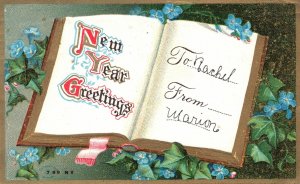 1910 A Happy New Year Greetings, Book with Blue Flowers, Vintage Postcard