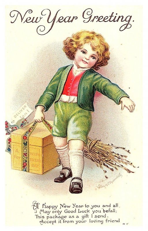 New Year , Victorian boy with package, Ellen Clappsaddle