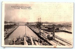 Postcard US Navy Ship Dreadnaught in Locks Panama Canal Pre 1920 RPPC B21