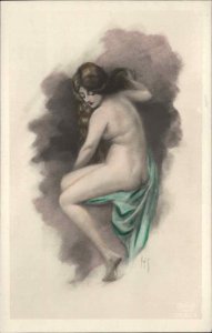 Nude Woman Sitting on Towel c1910 Tinted Real Photo Postcard of Art