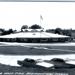 c1950s Independence, IA RPPC Circular East Side Elementary School Ford Cars A110