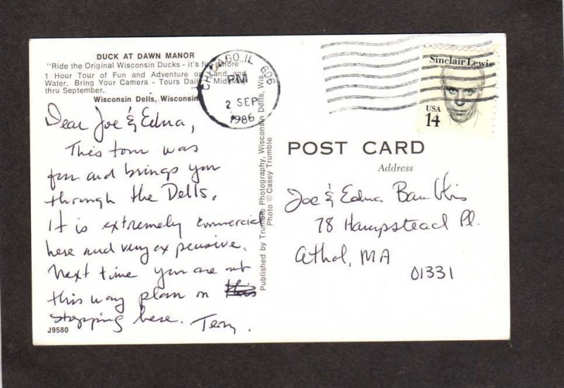 WI Duck Tour Boat Dawn Manor Wisconsin Dells Postcard