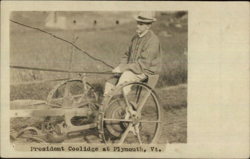 President Calvin Coolidge on Farm Plow c1920 Real Photo Postcard