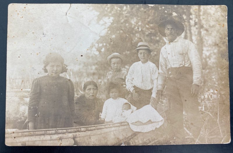 Mint USA RPPC Postcard Cover Native American Indian Family Birchbark Canoe