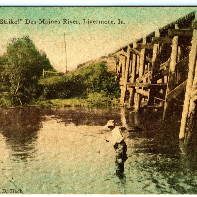 c1910s Livermore, IA Man Fishing Des Moines River Photo Postcard Hand Color A25