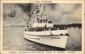 Quebec Waterways Sightseeing Tours MV Dug D'Orleans Ship 1949 Cancel PC