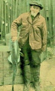 Postcard  Hand Tinted Picture of Old Fisherman and Catch.     S1