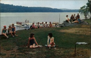 Candlewood Lake CT Greetings Lake Dock People 1950s-60s Vintage Postcard