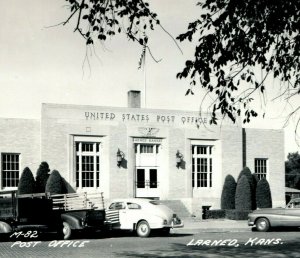 Post Office Larned, Kansas RPPC Real Photo Street View 1950s Chevy Cars Vtg M-82