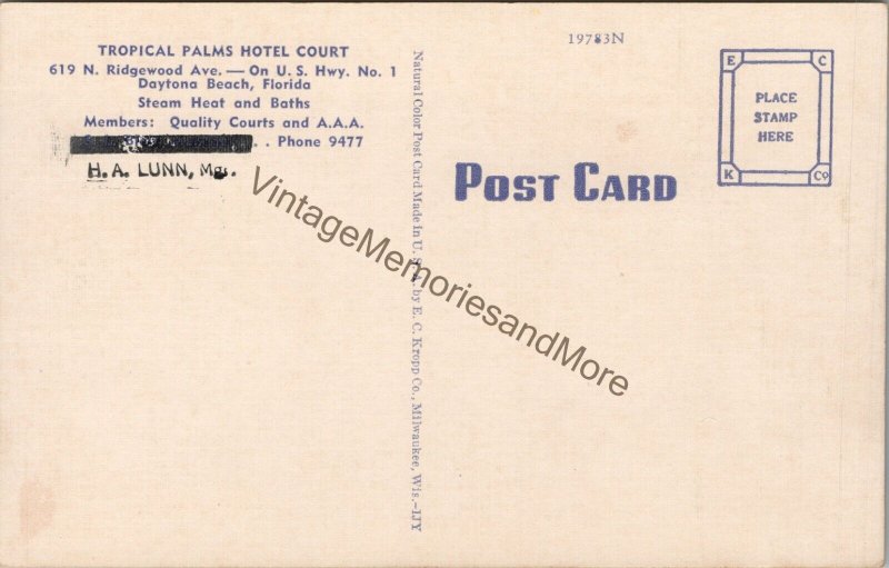 Tropical Palms Hotel Court Daytona Beach FL Postcard PC285