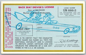 COMIC 1969 Postcard Back Seat Driver's License Racecar