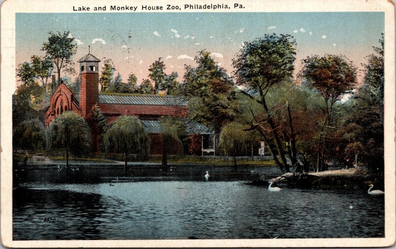 Philadelphia PA Lake and Monkey House Zoo Postcard used 1923