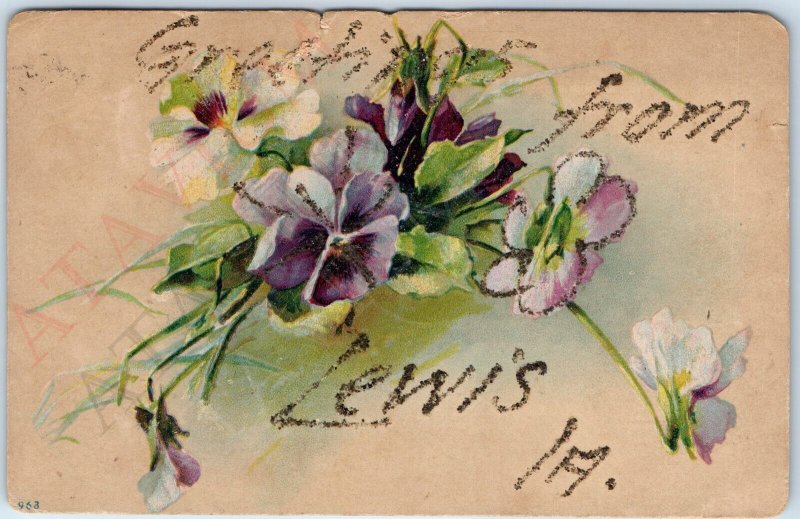 c1910s Lewis, IA Greetings Handmade Mica Glitter Iowa Postcard Post Office A177