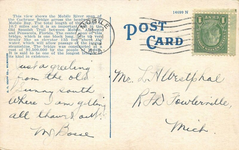 LP78    Mobile  Alabama  Bay Bridge   Postcard  