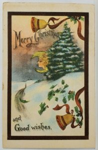 Christmas Snow Scene Face in the Moon 1913 Hanford to Santa Cruz Postcard T10
