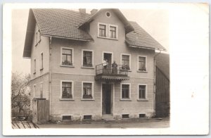 Vintage 1912 Black & White German House Photo Postcard with Family Balcony RPPC