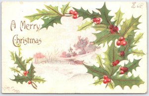 Vintage 1908 Merry Christmas Postcard with Holly Berries & Scenic Church