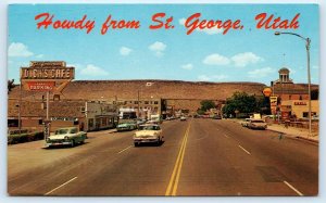 HOWDY From ST. GEORGE, UT Utah ~ STREET SCENE c1950s Cars Postcard