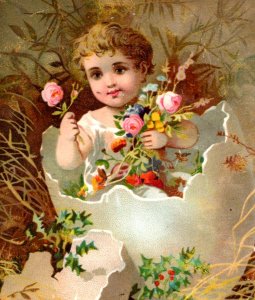 1880s Victorian Easter Card Child Hatching Out Of Giant Egg Fab! #5P