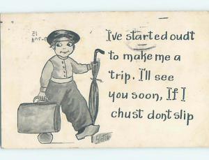 Pre-Linen comic signed SLATER - BOY WITH SUITCASE AND UMBRELLA HL2500