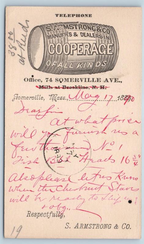 UX9 Postal Card Somerville Mass S Armstrong Cooperage Maker Dealer 1890 C02