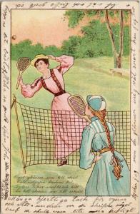 Young Women Playing Badminton Pink Blue Dress c1904 Antique Postcard E45