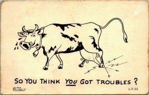 Comic Cow Stepping On Udder Has Troubles UNP Chrome Postcard Cook Co L C 29