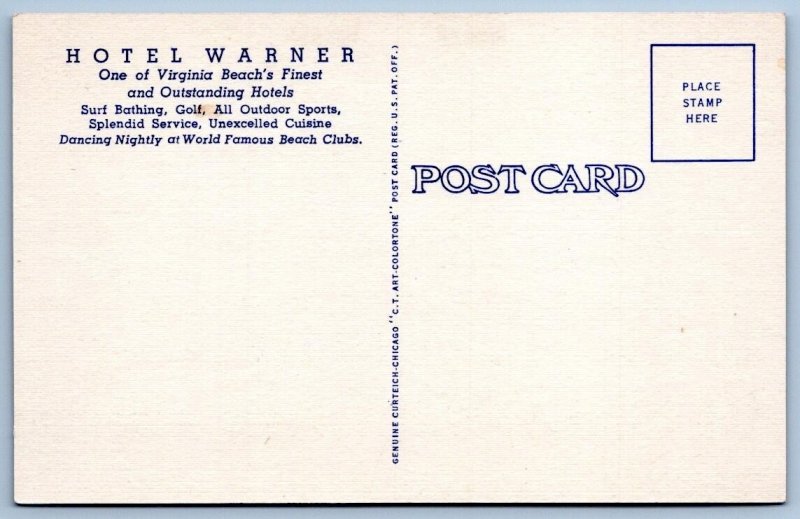 1948 HOTEL WARNER OCEANFRONT VIRGINIA BEACH VA DANCING NIGHTLY LINEN POSTCARD