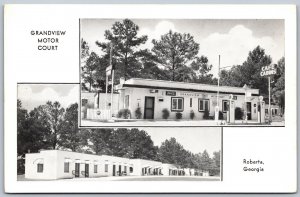 Postcard Roberta Georgia c1940s Grandview Motor Court Dual View Gas Pumps