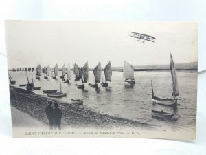Saint Valery Sur Somme Biplane Flying over Fishing Boats Vintage Postcard c1915