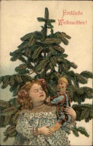 German Christmas Little Girl Tree & Jester Doll Embossed c1910 Postcard