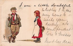 I AM A LITTLE DOUBTFUL-YOUNG BOY & GIRL~1902 LANCE THACKERAY SIGNED TUCK POSTCRD