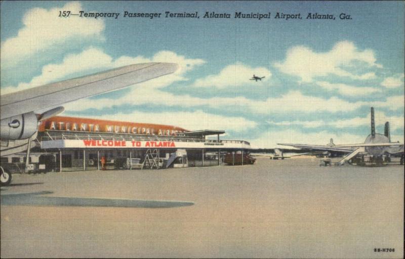 Atlanta GA Municipal Airport Temporary Passenger Terminal LINEN Postcard #2