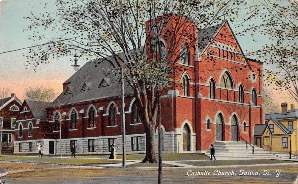 Fulton New York Catholic Church, Color Lithograph Vintage Postcard