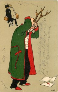 c1906 Postcard Ser. 678, Sad Man with Antlers, Stag, Woman Leaves with Another