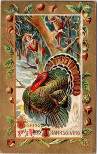 Postcard Thanksgiving man stalking turkey in woods