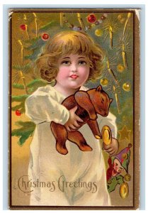 1908 Christmas Greetings Cute Little Boy Jester Clown Bear Embossed Postcard 