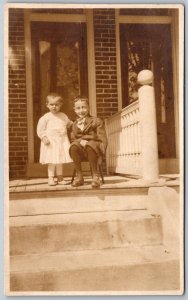 1920s RPPC Real Photo Postcard Two Kids Children On Porch