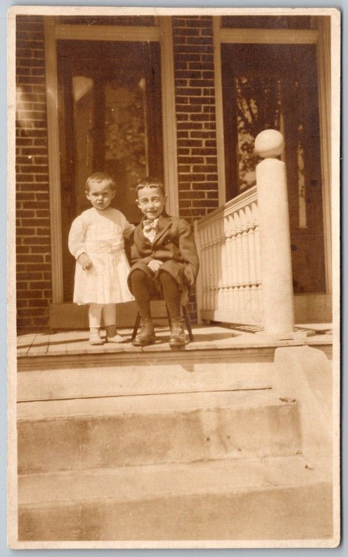 1920s RPPC Real Photo Postcard Two Kids Children On Porch