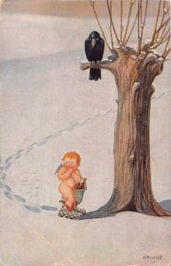 Fantasy 1919 Cherub Snow Bottle Crow Bird Art by Kriwus field postcard C354