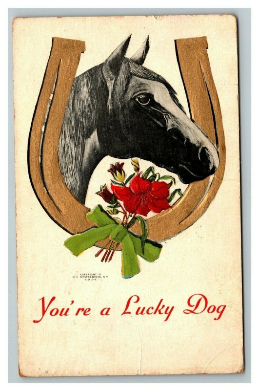 Vintage 1915 Greetings Postcard - Gold Horseshoe Red Roses Racehorse