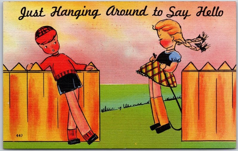 Just Hanging Around To Say Hello Boy And Girl Comic Postcard