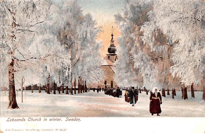 Sweden Old Vintage Antique Post Card Leksands Church in Winter Unused