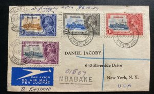 1936 Mbabane Swaziland First Day Cover To New York Usa Silver Jubilee Sc#20-3 
