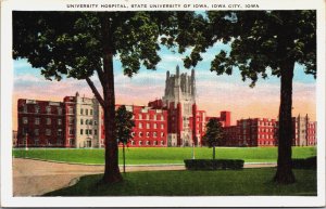 University Hospital, Statue University Of Iowa, Iowa City Linen Postcard C209