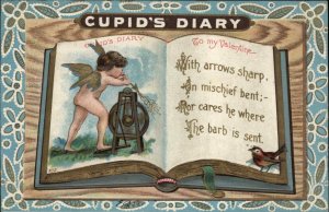 Valentine Fantasy Cupid Sharpens Arrow on Sharpening Stone c1910 Postcard